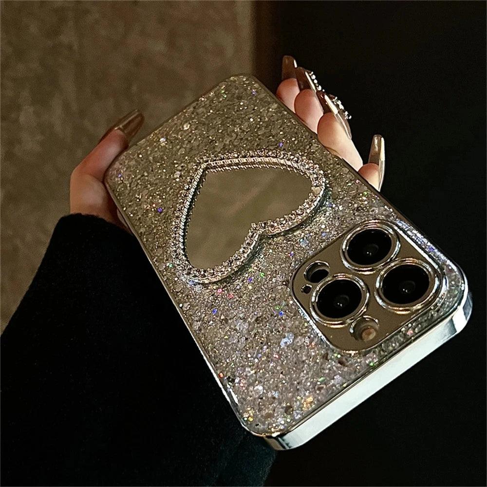 iPhone Glitter Heart Mirror Case with Lens Guard