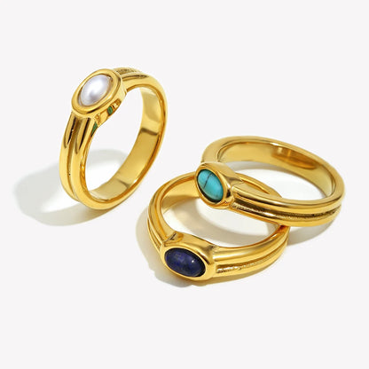 E.B.belle Females Y2K Accessories Natural Stone Lapis Turquoise Pearl Paved Stainless Steel Non Tarnished Rings For Woman