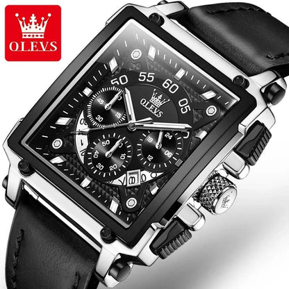 OLEVS 9919 Men Watch Fashion Square Dial Leather Strap Chronograph Waterproof Sports Clock Luxury Original Quartz Wristwatch Man