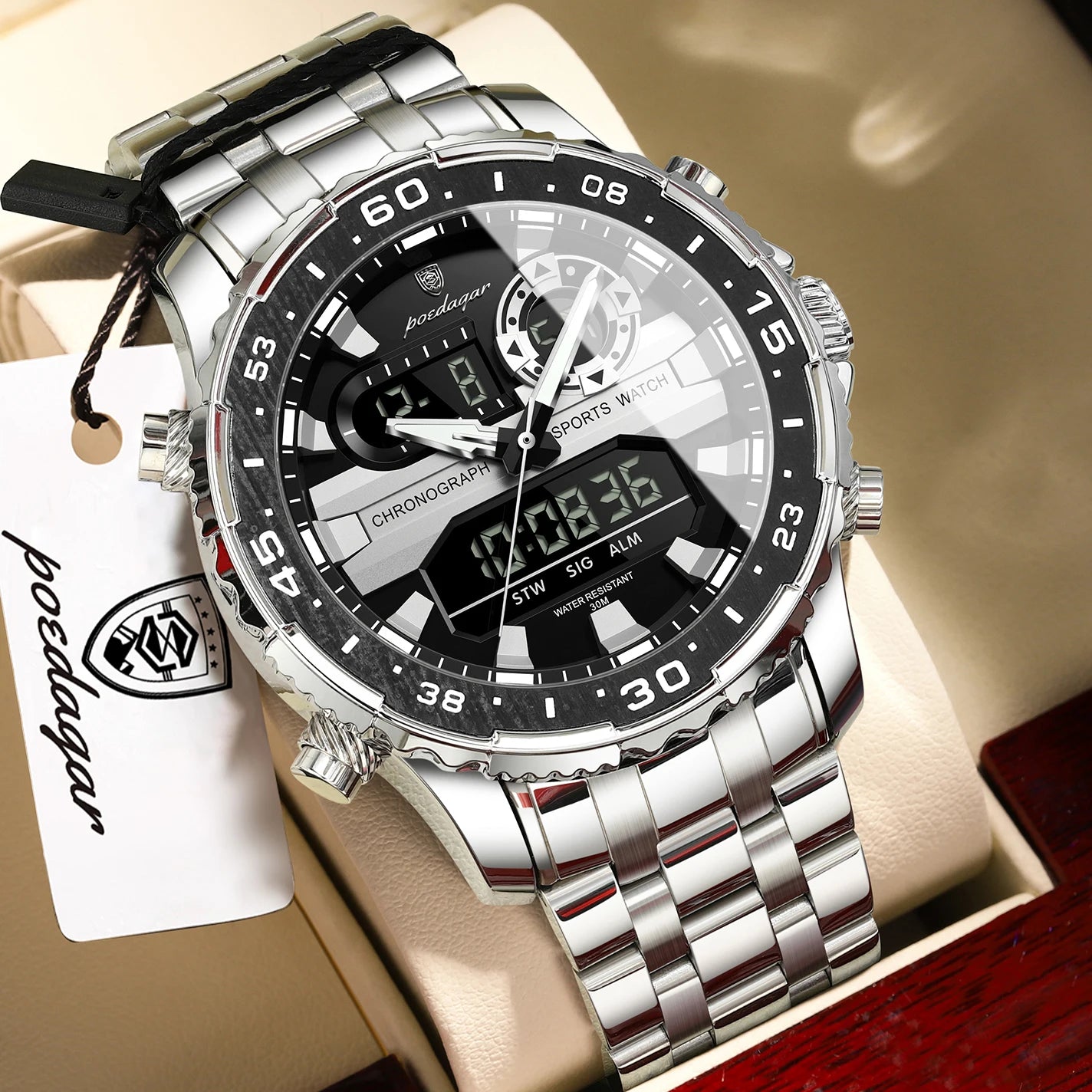 POEDAGAR Top Military Quartz Man Clock Week Date LED Luminous Digital Men Watch Dual Time Electronic Fashion Men's Watches Reloj