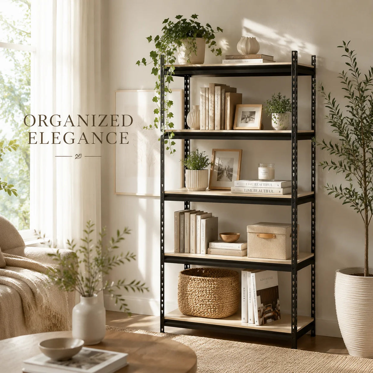 5-Tier Garage Shelving Heavy Duty Adjustable Metal Storage Rack with MDF Shelves, Utility Rack Shelf for Warehouse Pantry Closet Basement, 39.4" W x 19.7" D x 72" H, Black