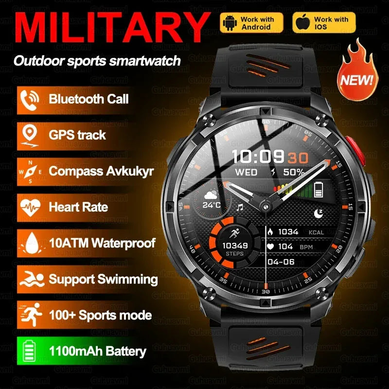 Men 1100mAh Ultra Durable Battery Smart Watch GPS Compass IP69K Waterproof BT Call 100+ Sport Mode Flashlight Sports Smartwatch - Urbizia