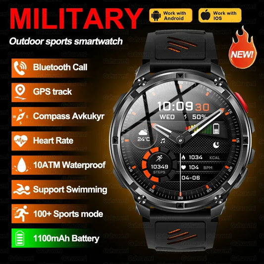 Men 1100mAh Ultra Durable Battery Smart Watch GPS Compass IP69K Waterproof BT Call 100+ Sport Mode Flashlight Sports Smartwatch - Urbizia
