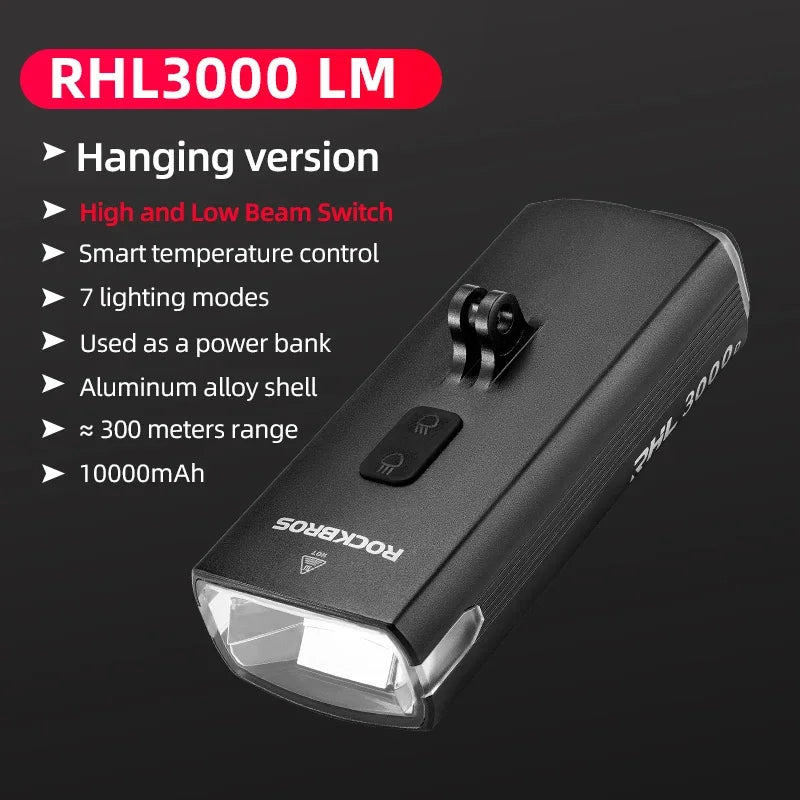 ROCKBROS Bike Light 3000LM 10000mAh Bicycle Front Light Flashlight High Brightness Type-C Bike Lamp Cycling Safety Front Lights