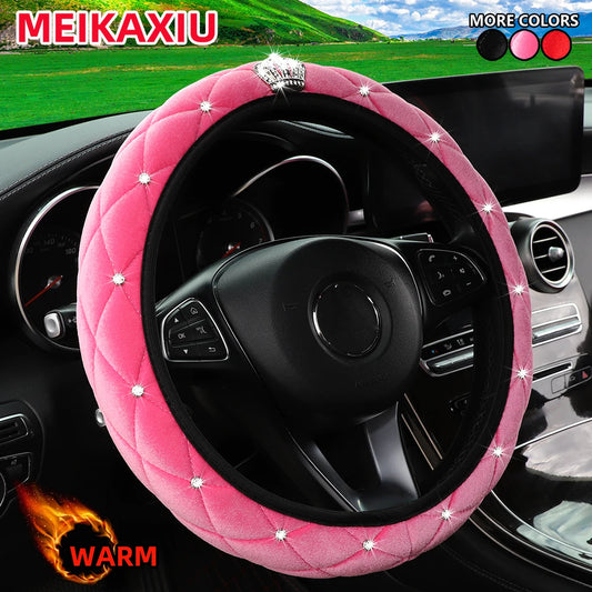 Winter Short Fur Velvet Steering Wheel Cover Diamond-Encrusted Crown Blingbling Car Interior Accessory without Inner Ring