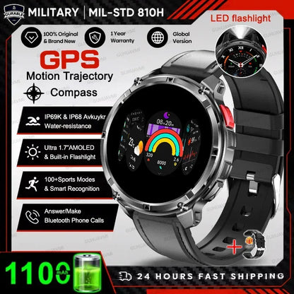 Men 1100mAh Ultra Durable Battery Smart Watch GPS Compass IP69K Waterproof BT Call 100+ Sport Mode Flashlight Sports Smartwatch - Urbizia