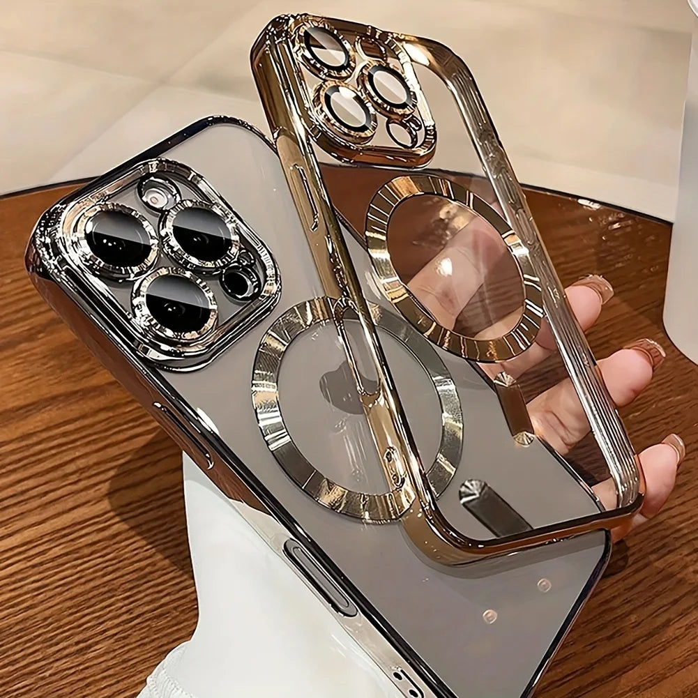 Fashion Electroplated Color Frame Magnetic Phone Case for iPhone 18/17/16/15/14/13/12/11 Pro/Pro Max/Air/Plus | Ultra-Thin & Shockproof with Crystal Clear Back, Built-in Lens Protection & Wireless Charging