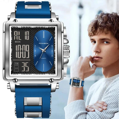 FOXBOX New Creative Square Watch Men Fashion Business Silicone Waterproof Men's Electronic Wristwatch LED Backlight Chronograph