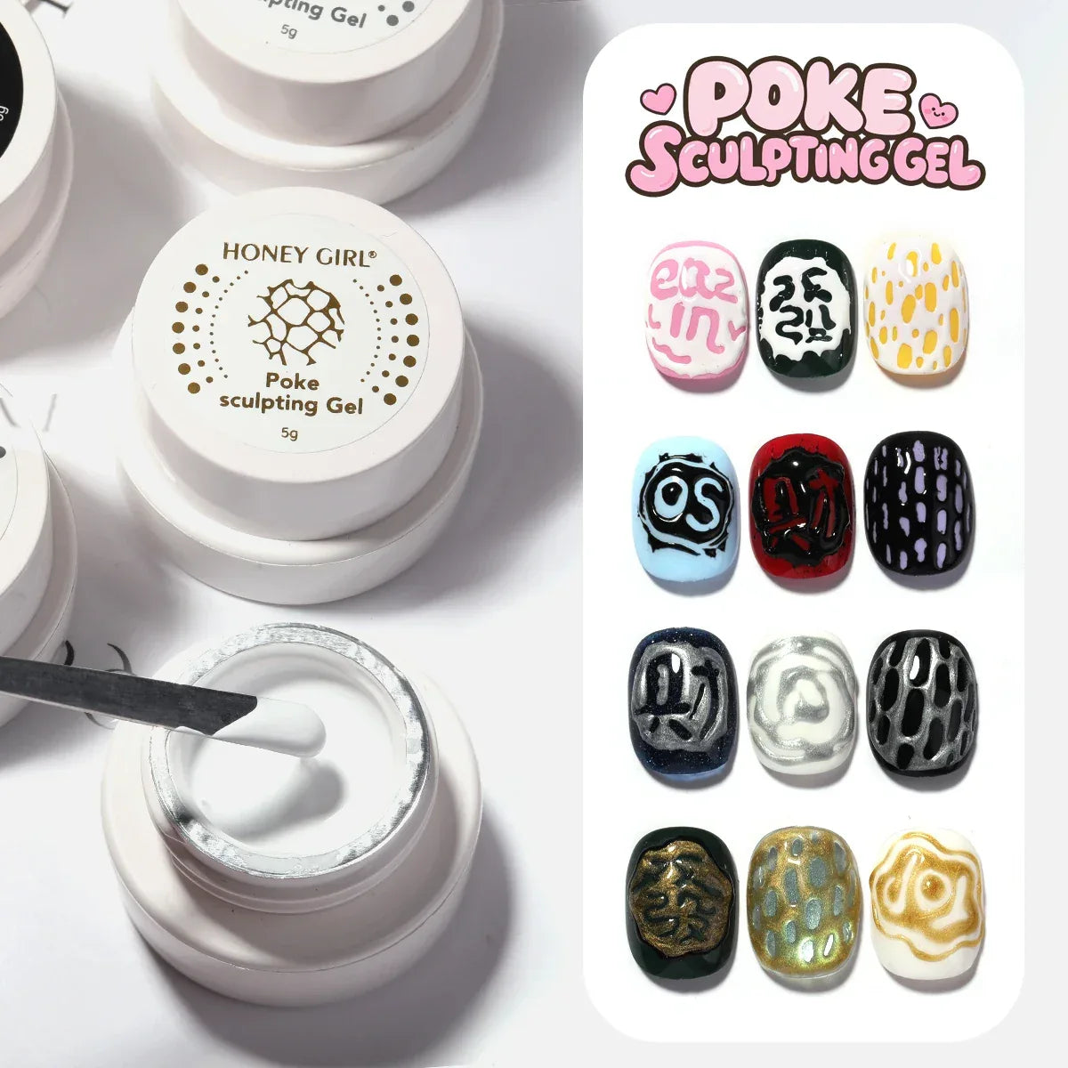 Creative Nail Art  poke Gel with Special Base Coat, Black/White Silvery Golden  for DIY Multi-Style Designs,  Holiday Gift