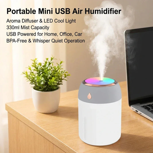 330ml Mini USB Air Humidifier Portable Aroma Diffuser with LED Cool Light for Room Home Car Plant Mist Purifier - Urbizia