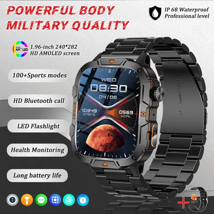 2025 New Military Grade Smart Watch Men 1.96" AMOLED Screen 5ATM Waterproof Simming Sports Fitness Tracker BT Call Smartwatches - Urbizia