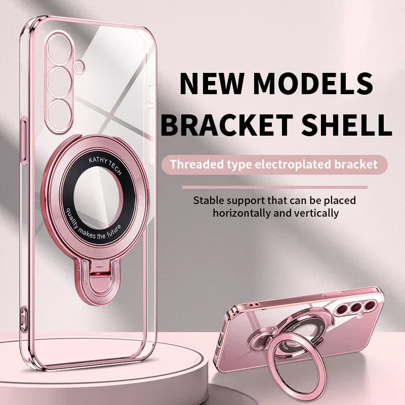 Luxury Transparent Plating Magnetic Bracket Case For Samsung A16 A06 A56 A26 A36 A55 A15 A35 A54 A24 A34 A14 A05S Stand Cover