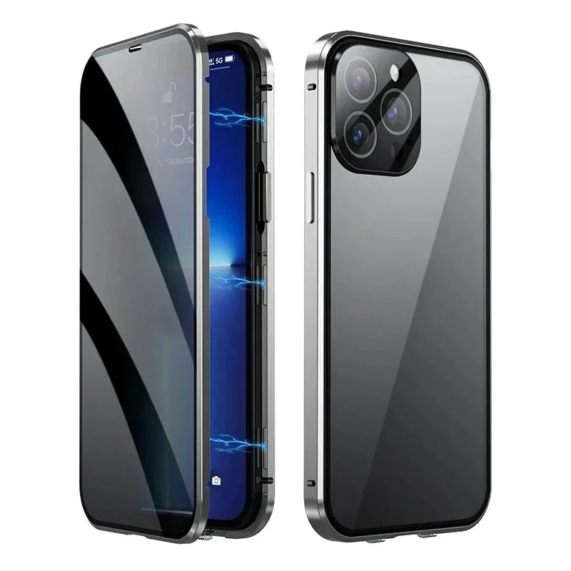 360 ° Full Protection Metal Magnetic Double-Sided Glass Snap Lock Privacy Case For iPhone 17 16 15 14 13 12 Pro Max Plus 17E 16E