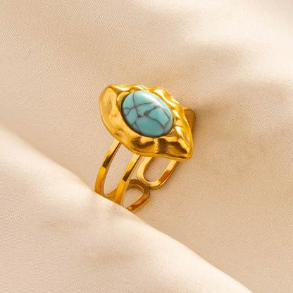 Turquoise Finger Jewelry Long Oval Sun Heart Water Drop Stainless Steel Rings For Women Men Accessories Gold Plated Open Anillos