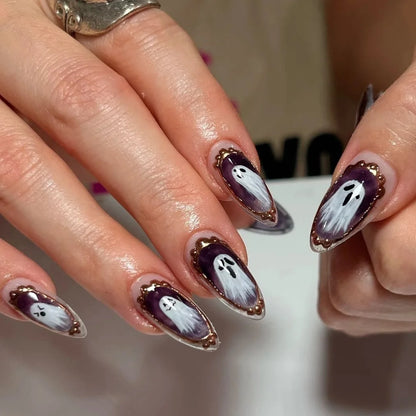 24Pcs Glitter Pink Sequins Fake Nails – Halloween Skull & Love Print Ballet Press-on Nails