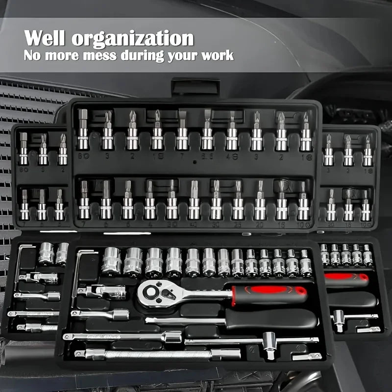 Professional 46pcs Cr-V Steel Socket Set with Ratchet Wrench Storage Bag Durable Sockets Extension Bar for Auto Home Repair