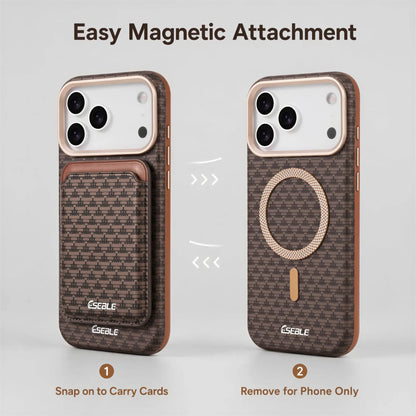 ESEBLE Detachable Magnetic Card Holder Phone Case For iPhone 18 17 16 Pro Max Luxury Vintage Woven Pattern PU Leather MagSafe Wa