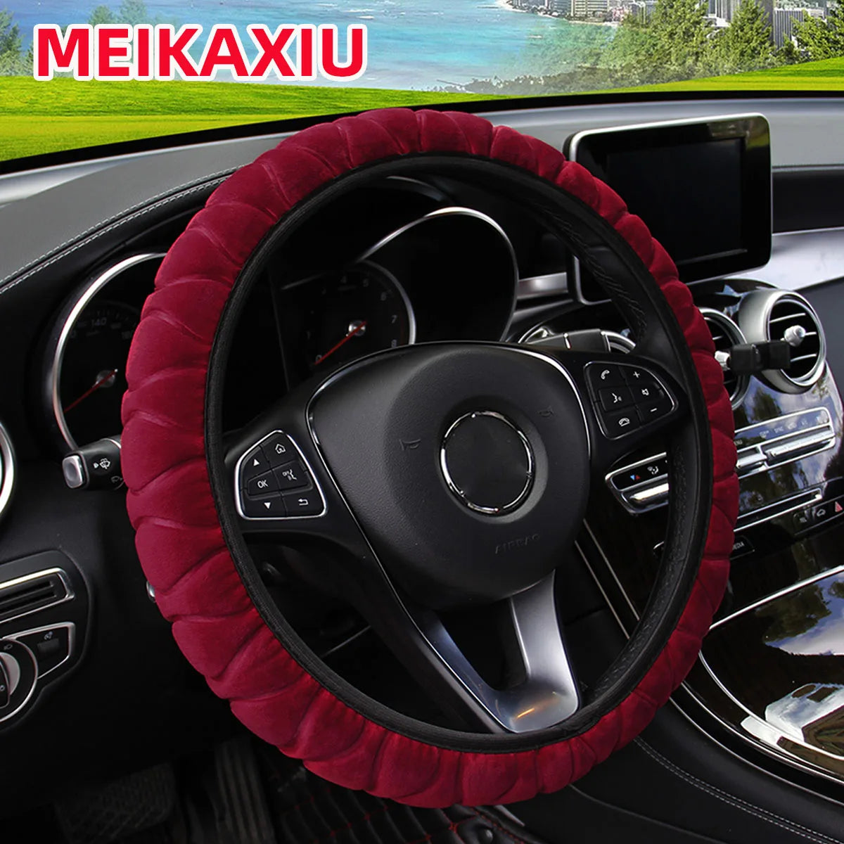 The soft short-fur plush pressed flower car inner-free steering wheel cover is suitable for 14.5 - 15-inch car interior accessor