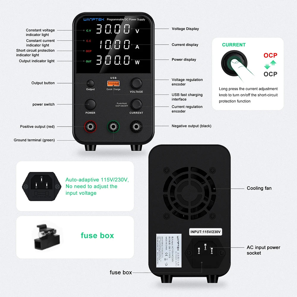 Wanptek Laboratory DC Power Supply 30V 10A 60V 5A 120V 3A with USB Fast Charging Adjustable Voltage Current Lab Power Supply