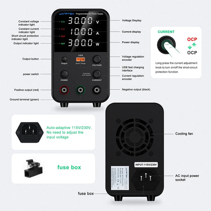 Wanptek Laboratory DC Power Supply 30V 10A 60V 5A 120V 3A with USB Fast Charging Adjustable Voltage Current Lab Power Supply