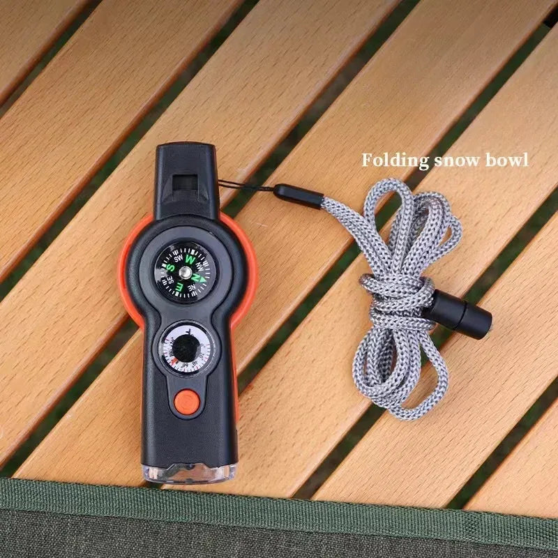 Camping Hiking 7in1 Outdoor Multifunctional Survival Whistle Flashlight Compass Thermometer Magnifier Reflector Magnifying Glass