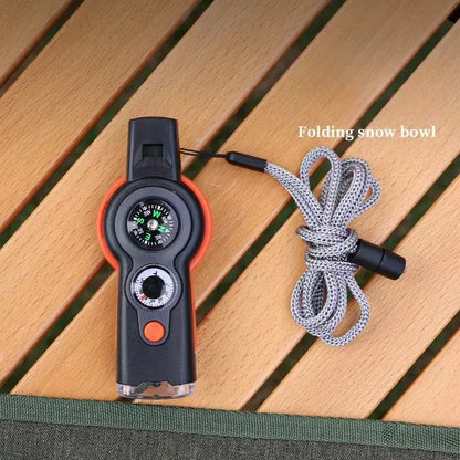 Camping Hiking 7in1 Outdoor Multifunctional Survival Whistle Flashlight Compass Thermometer Magnifier Reflector Magnifying Glass