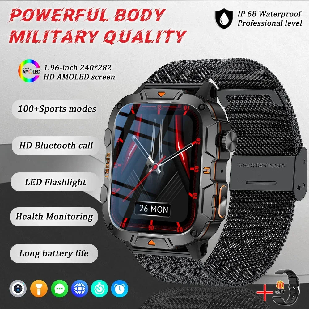 2025 New Military Grade Smart Watch Men 1.96" AMOLED Screen 5ATM Waterproof Simming Sports Fitness Tracker BT Call Smartwatches - Urbizia