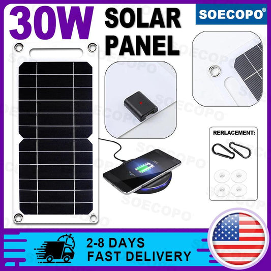 SOECOPO 30W Lightweight Flexible Solar Panel Kit, Free Mini Solar Regulator, Complete Hooks & Suction Cups Accessories, Portable For Phone Outdoor Camping Charging, US Warehouse 2-8 Days Fast Domestic Delivery