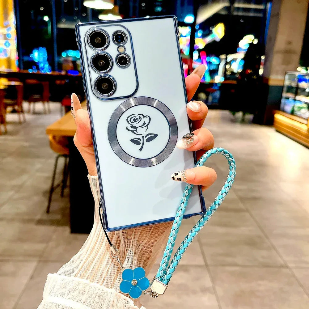 Rose Plated TPU Phone Case with Lanyard Strap