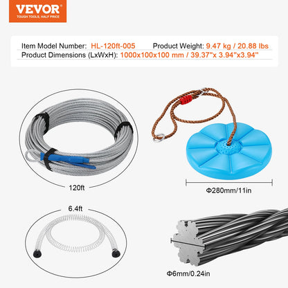 SucceBuy 60/80/100/120FT Zipline Kit Up to 500 lbs Backyard Outdoor Playground Entertainment Stainless Steel Safety Harness Seat