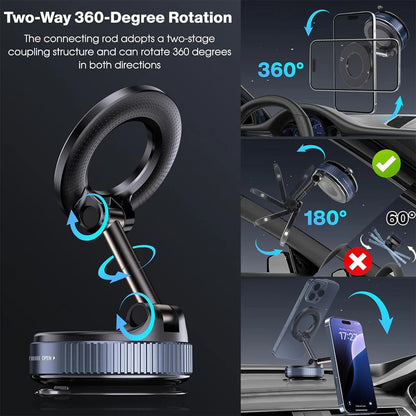 Foldable Magnetic Car Phone Mount – 360° Rotatable, Dashboard Suction Cup, with Extra Mount Pad & Adjustment Wrench, Versatile