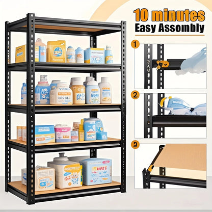 Heavy duty garage racking with 500 lb and 2000 lb capacity, 5-tier utility storage racks and metal shelving units. Suitable for