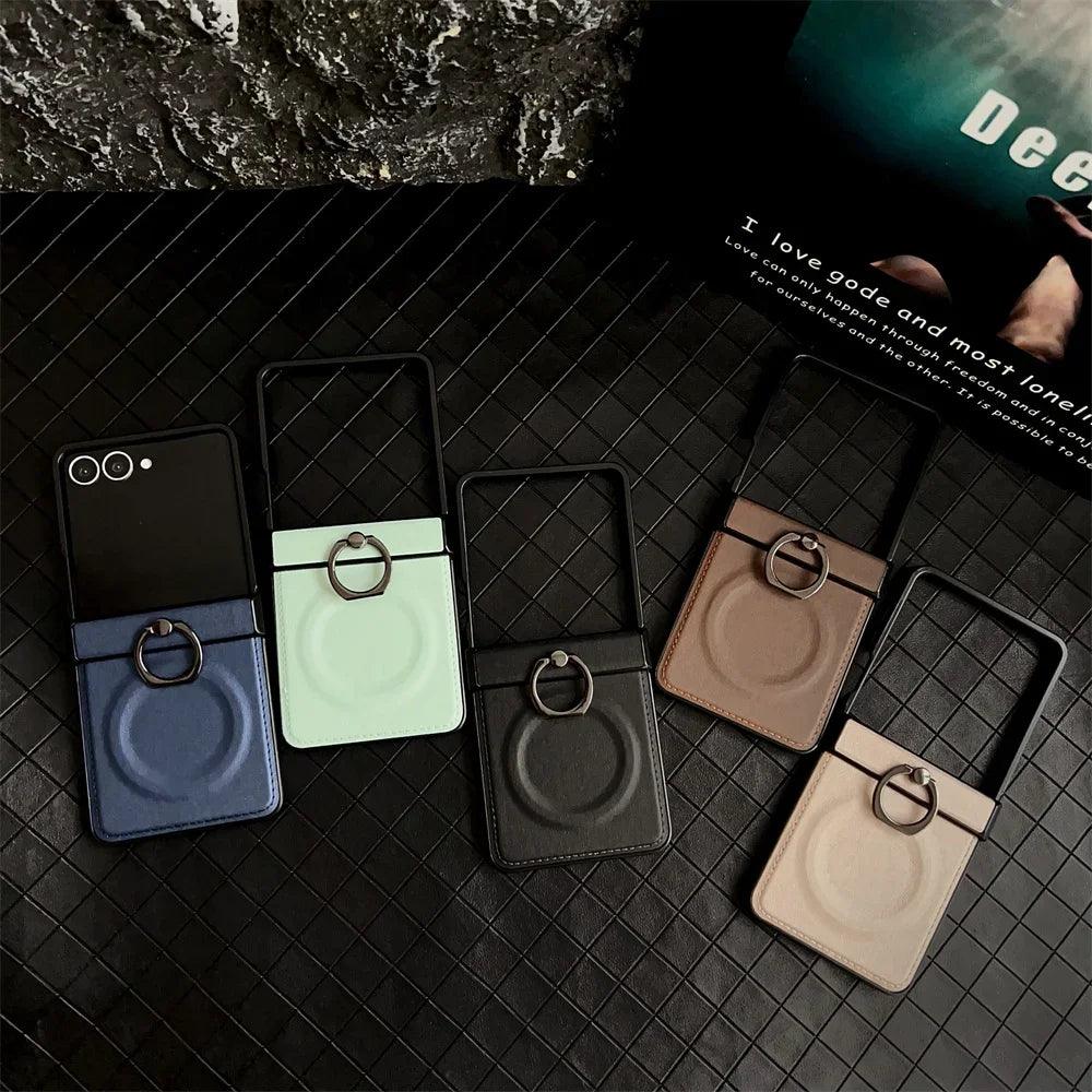 360 Rotating Magnetic Ring Holder Phone Case For Samsung Z Flip 7 6 5 4 3 Flip6 Flip5 Flip4 Flip3 5G PU Leather Back Cover