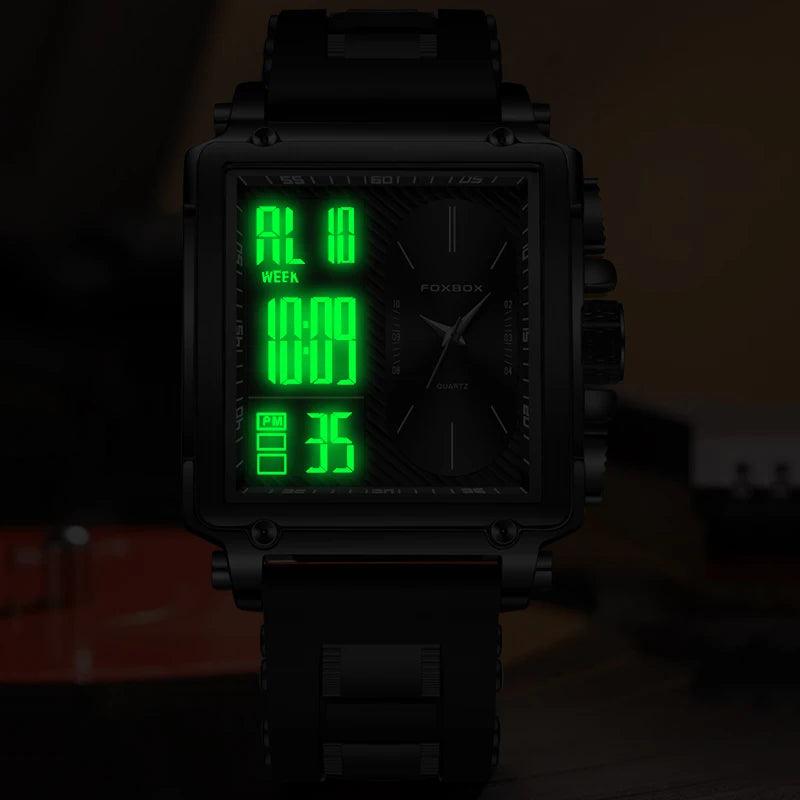 FOXBOX New Creative Square Watch Men Fashion Business Silicone Waterproof Men's Electronic Wristwatch LED Backlight Chronograph