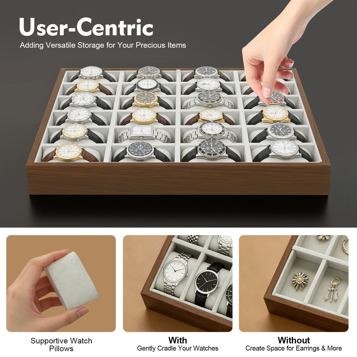 24 Slots Watch Box Organizer for Men Black Watch Holder Stand Display Storage Case