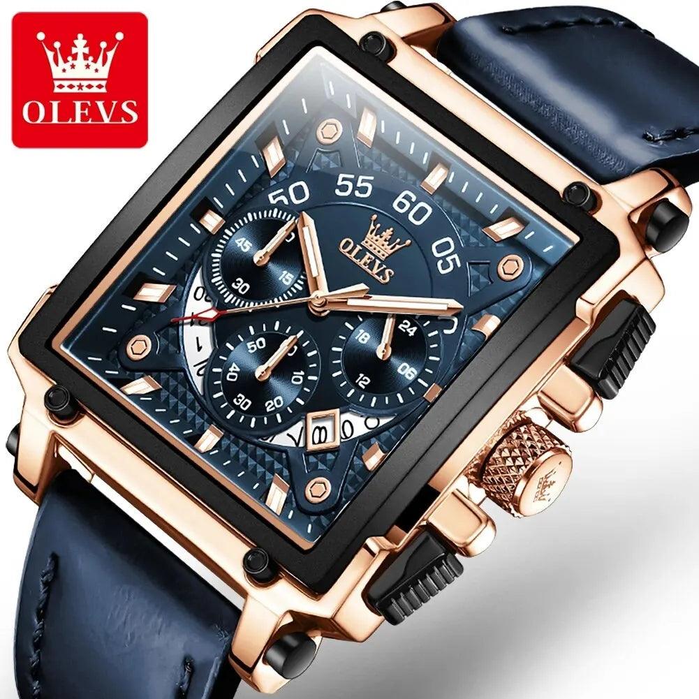 OLEVS 9919 Men Watch Fashion Square Dial Leather Strap Chronograph Waterproof Sports Clock Luxury Original Quartz Wristwatch Man