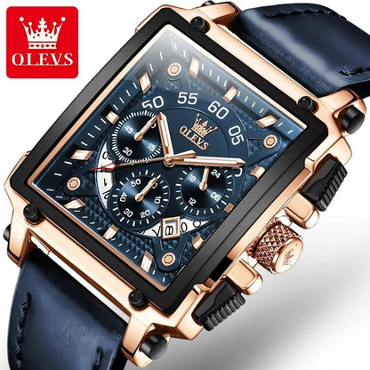 OLEVS 9919 Men Watch Fashion Square Dial Leather Strap Chronograph Waterproof Sports Clock Luxury Original Quartz Wristwatch Man