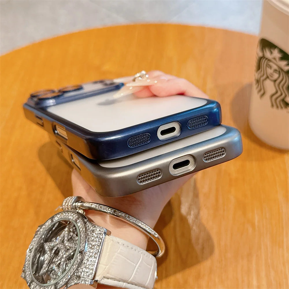 Luxury Frosted Transparent Matte Phone Case For iPhone 16 15 17 18 Pro Max Air 14 13 12 11 Metallic Color Frame Protection Cover