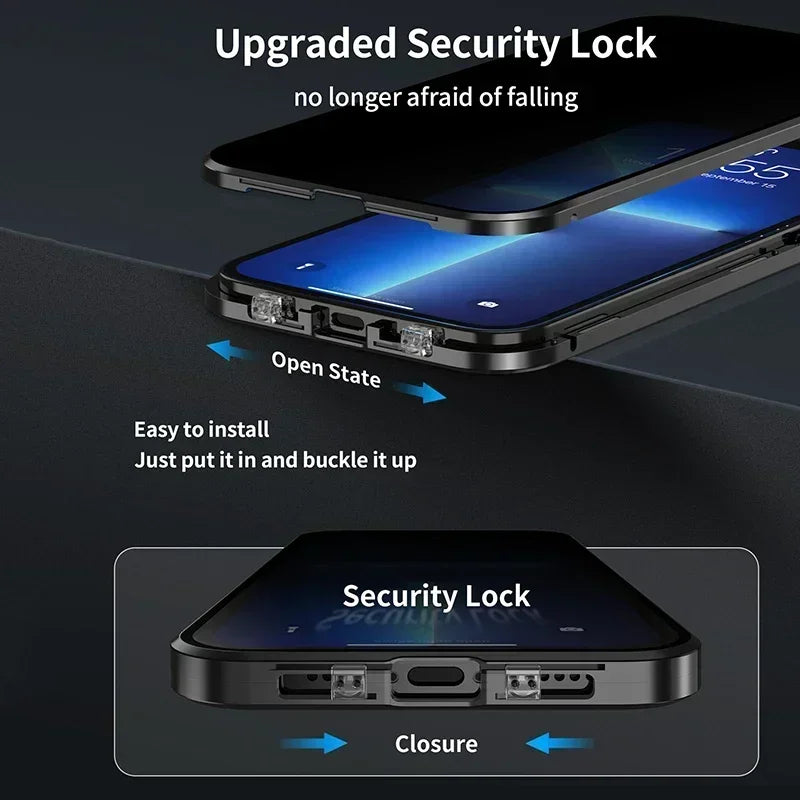 360 ° Full Protection Metal Magnetic Double-Sided Glass Snap Lock Privacy Case For iPhone 17 16 15 14 13 12 Pro Max Plus 17E 16E
