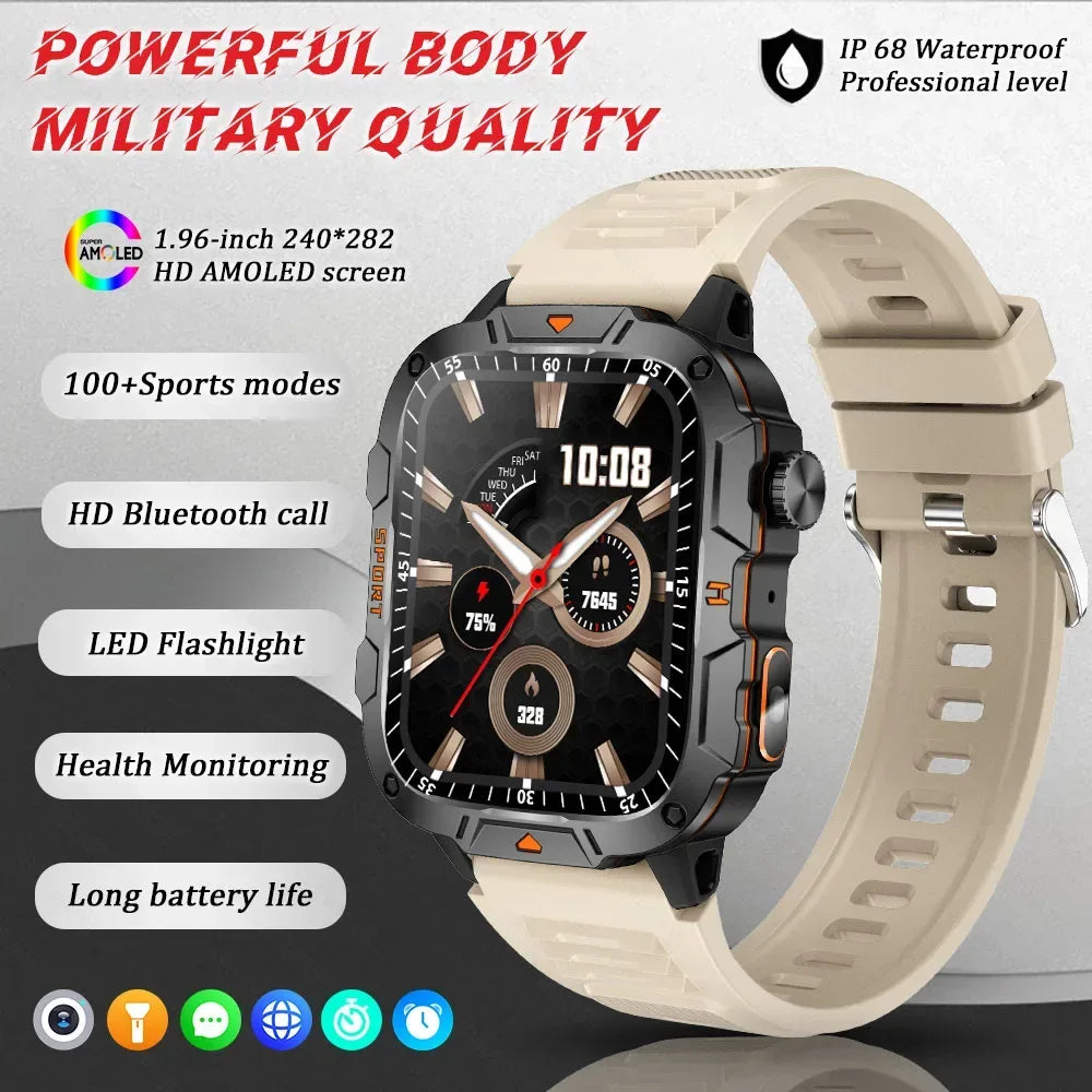 2025 New Military Grade Smart Watch Men 1.96" AMOLED Screen 5ATM Waterproof Simming Sports Fitness Tracker BT Call Smartwatches - Urbizia