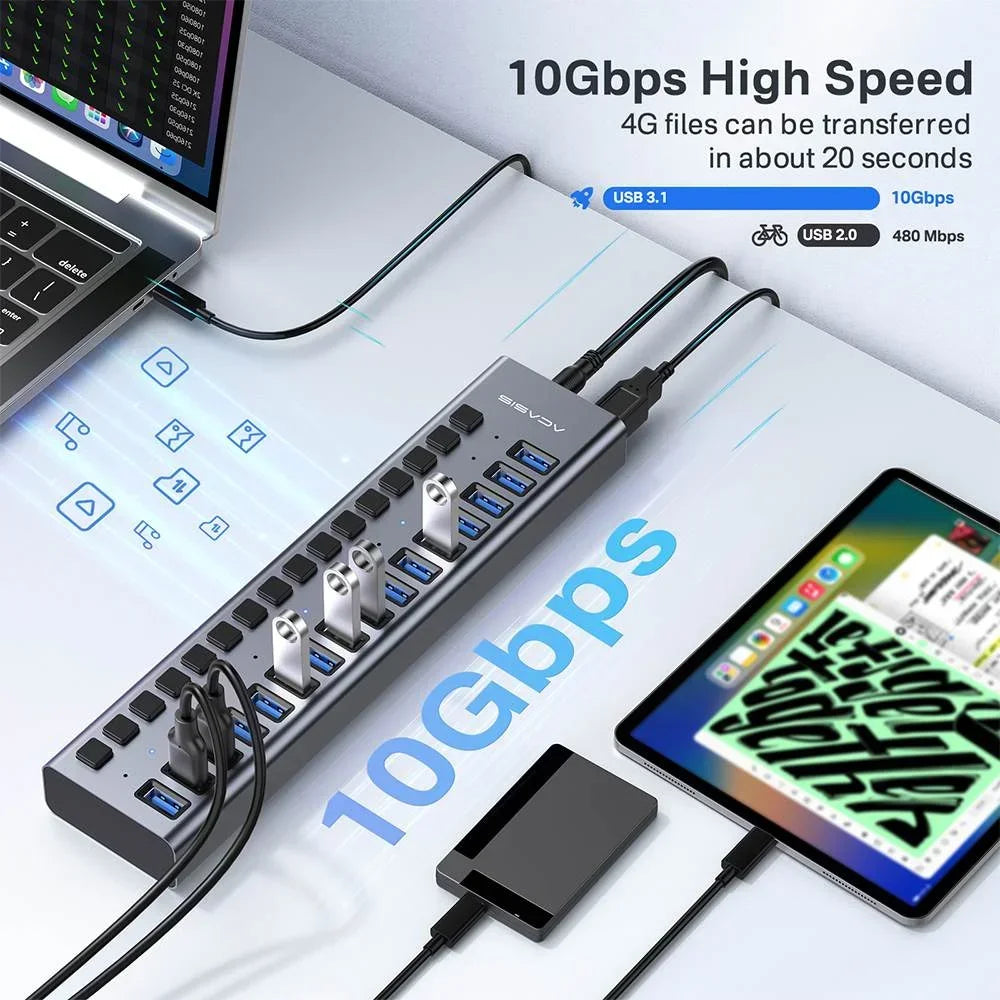 Acasis 16/10/7 Port USB Hub 10Gbps Individual Switch Charging Data Transfer for PC Laptop Workstation Multi Device Expansion