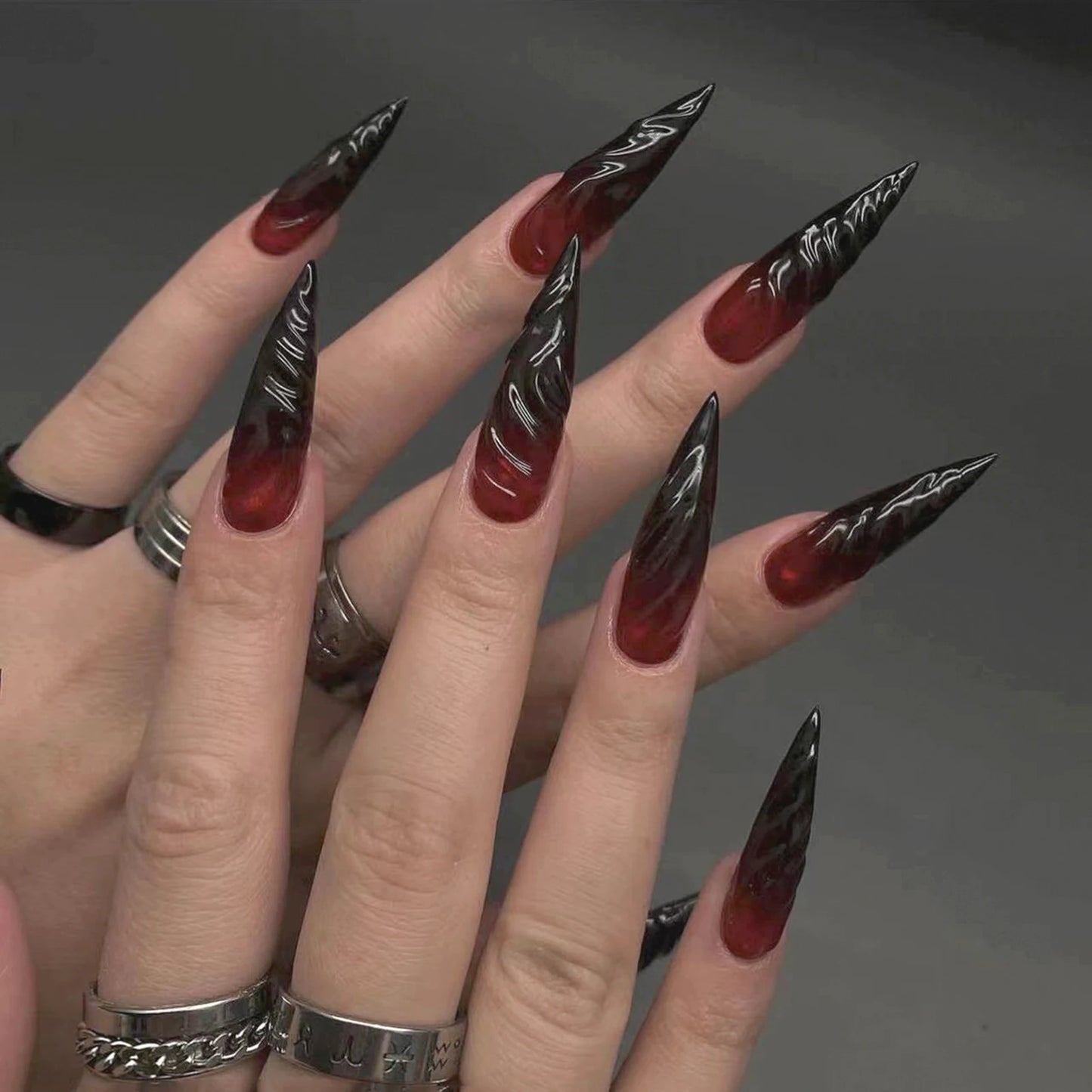 24pcs Blood Red Gradient Long Pointed Fake Nails – Full Cover Halloween Press-On Nail Tips