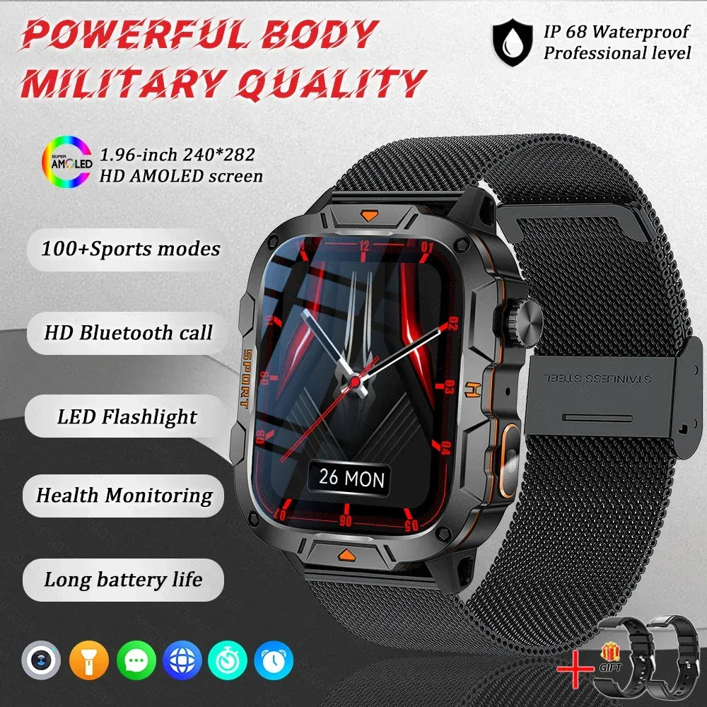 2025 New Military Grade Smart Watch Men 1.96" AMOLED Screen 5ATM Waterproof Simming Sports Fitness Tracker BT Call Smartwatches - Urbizia