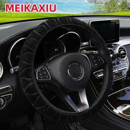 The soft short-fur plush pressed flower car inner-free steering wheel cover is suitable for 14.5 - 15-inch car interior accessor