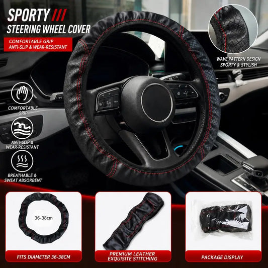 PU Leather Steering Wheel Cover 15\"/38CM Universal Fit Anti-Slip Car Steering Protector With Good Grip Install Easily Interior Accessories Auto Steering Protector
