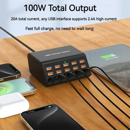 100W Desktop Universal USB Charger 15 Ports USB Fast Charging Station For Ipad Iphone 15 14 13 12 Pro Max Samsung S24 Tablet - Urbizia