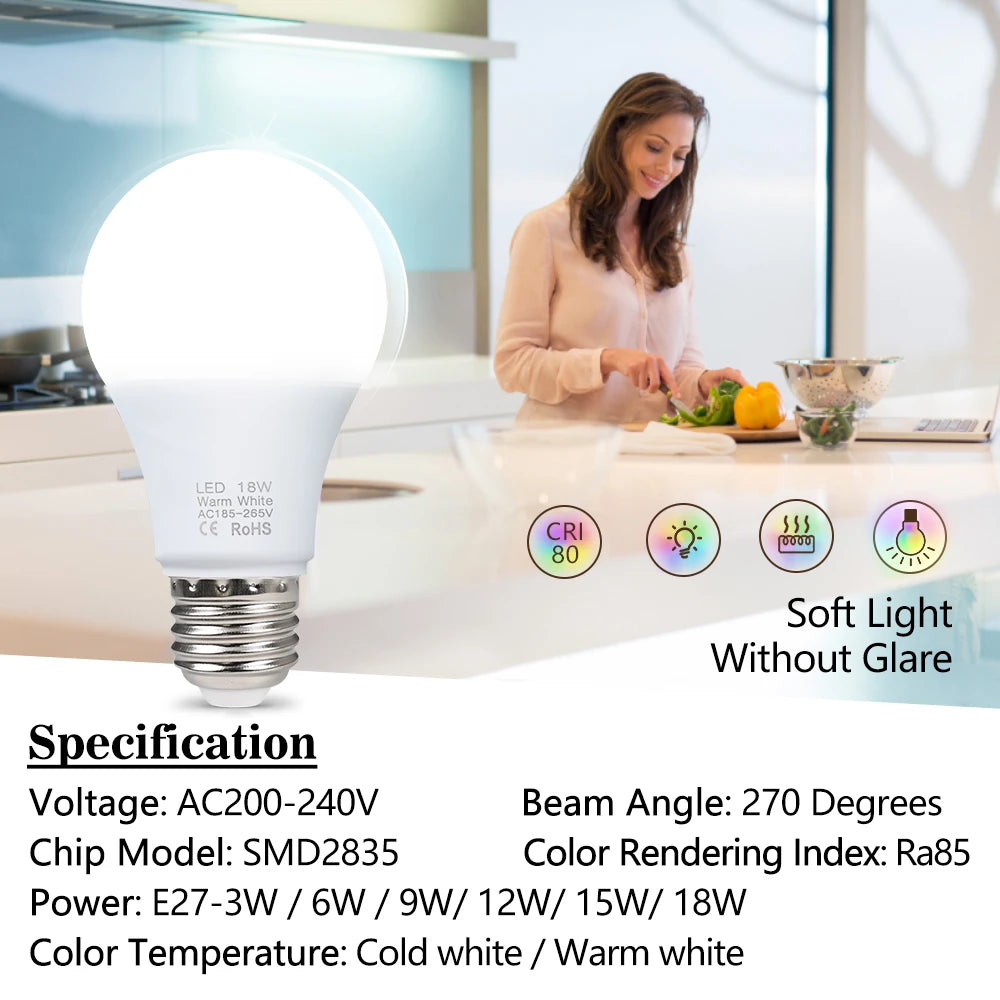 3W 6W 9W 12W 15W 18W LED Bulb Lamps E27 Lampada LED Light Bulb AC 220V-240V Smart IC High Brightness Illa Lamp Spotlight