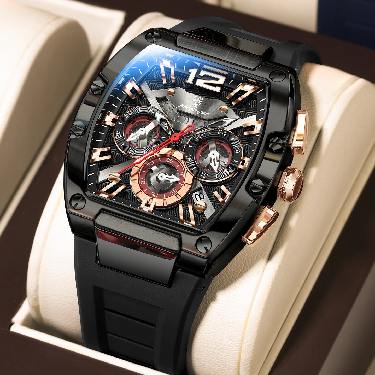 POEDAGAR Luxury Man Quartz Watch Sports Military Watch For Men Waterproof Luminous Date Chronograph Silicone Strap Men's Watches