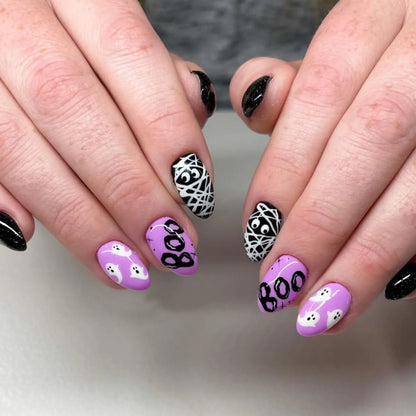 24Pcs Halloween Spider Print False Nails – Gothic Short Round Press-on Nail Tips for Women