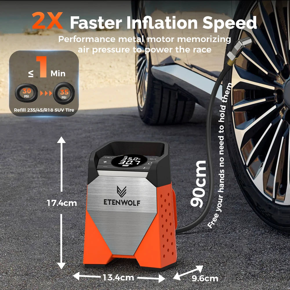 ETENWOLF ZEPHYR S3 Portable Tire Inflator 100% Duty Cycle 160 PSI Car Air Compressor 7800mAh For Cars Motorcycles Balls (New)